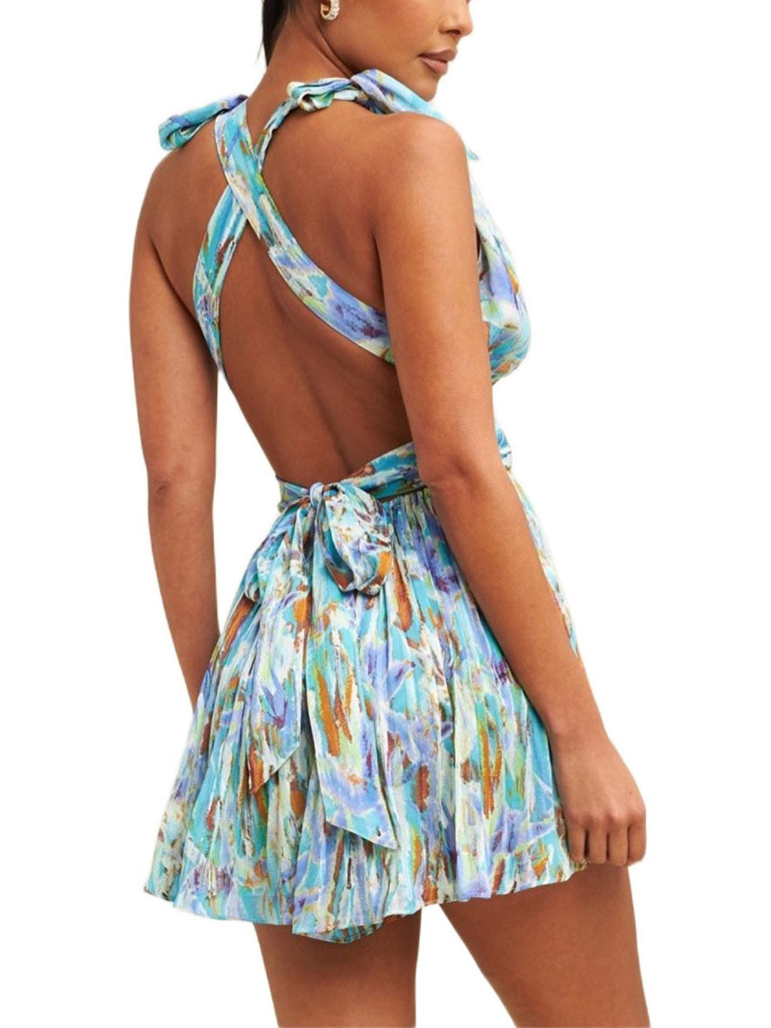 Pleated Halterneck Deep V-Neck A-Line Mini Dress