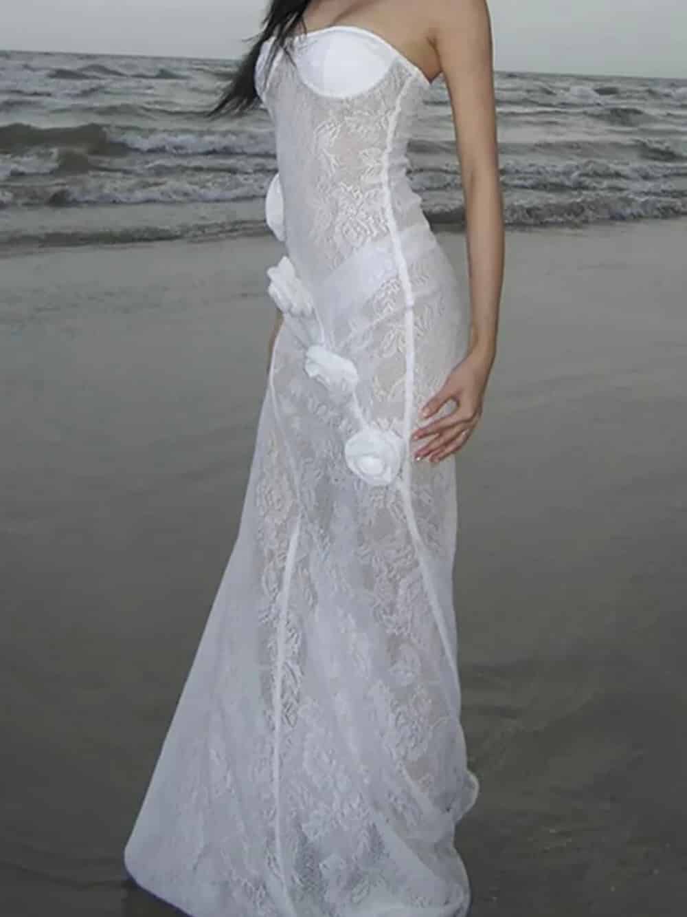 3D Flower Decor Lace Fishtail Hem See Through Strapless Maxi Dress