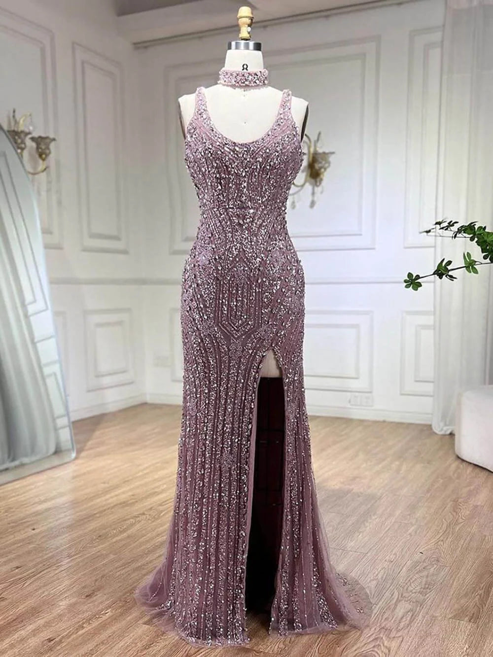 Elegant Pink Sling Slit Fishtail Banquet Evening Maxi Dress