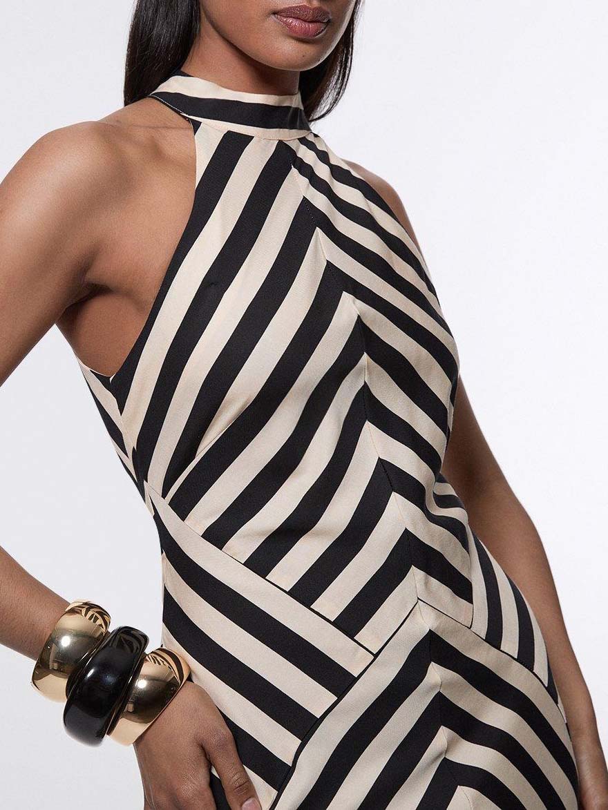 Open Back Asymmetric Striped Print Maxi Dress