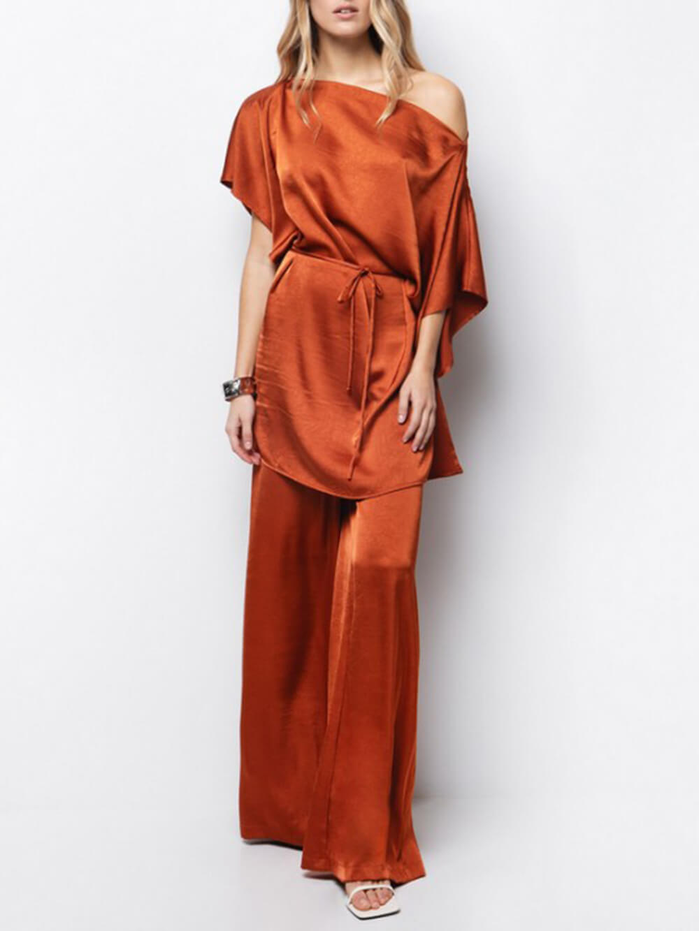 Elegant Pleated Satin High-Waisted Wide-Leg Pants