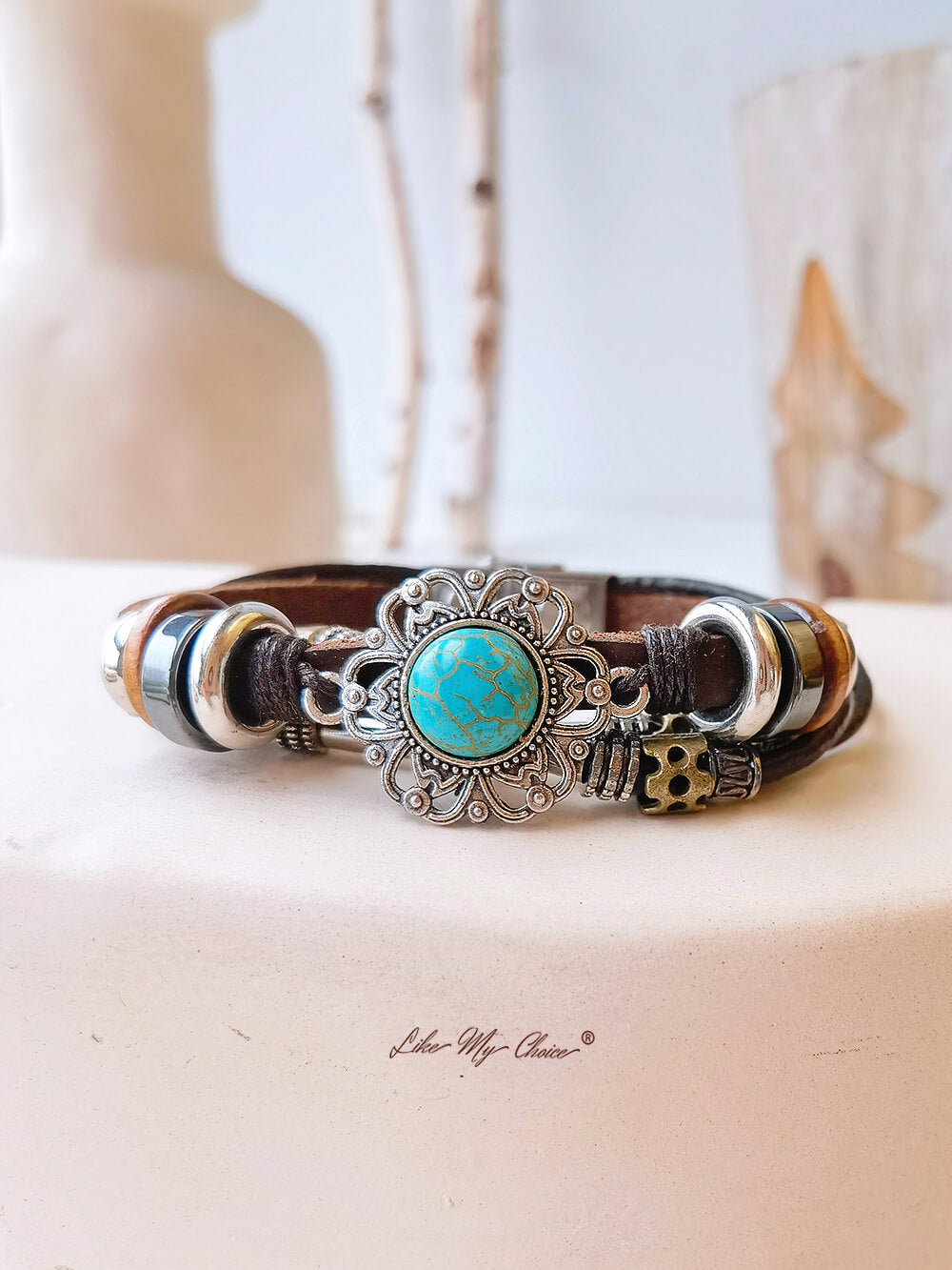 Bohemian Ethnic Turquoise Bracelet Leather Chain and Totem Element