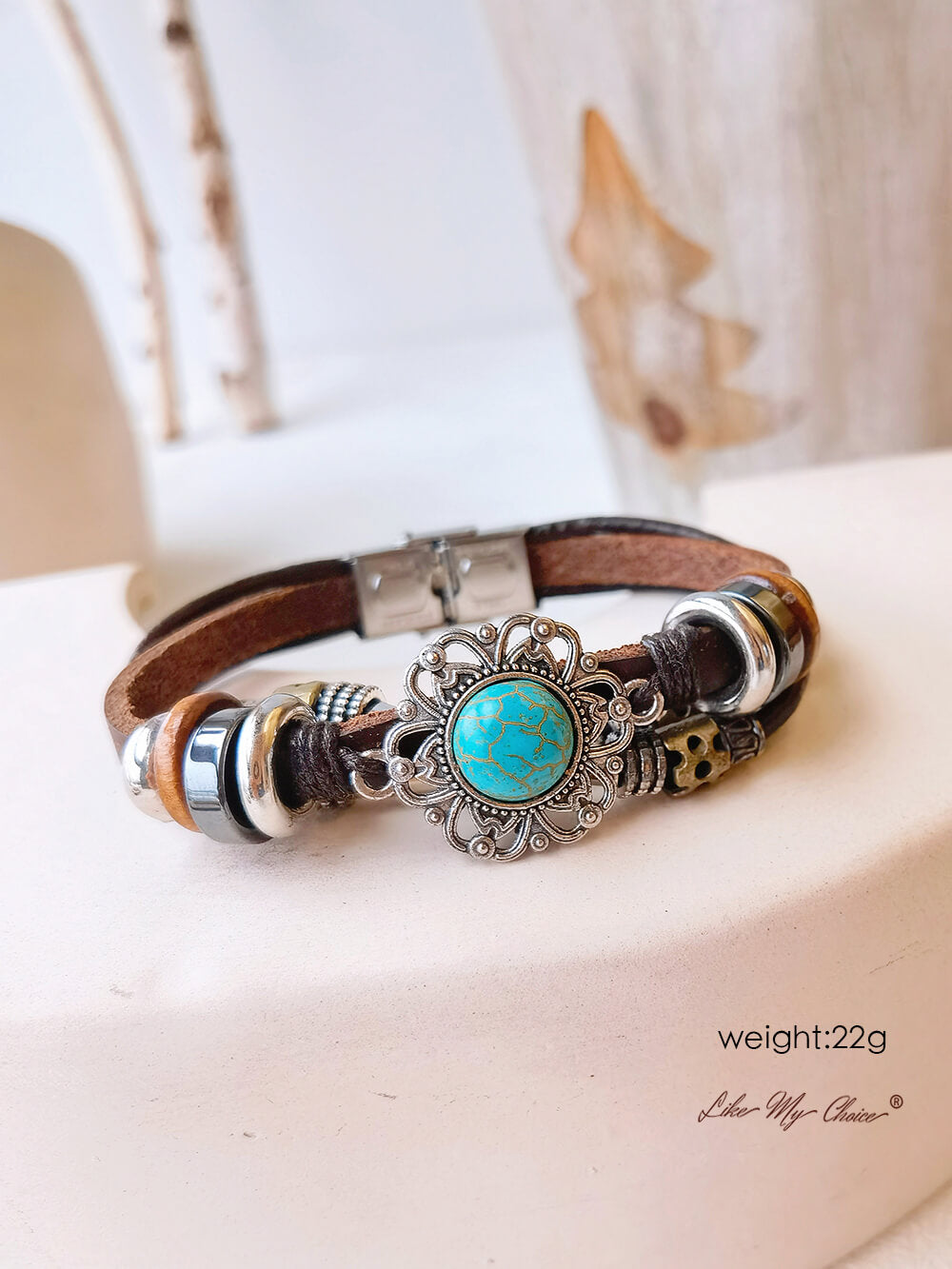 Bohemian Ethnic Turquoise Bracelet Leather Chain and Totem Element