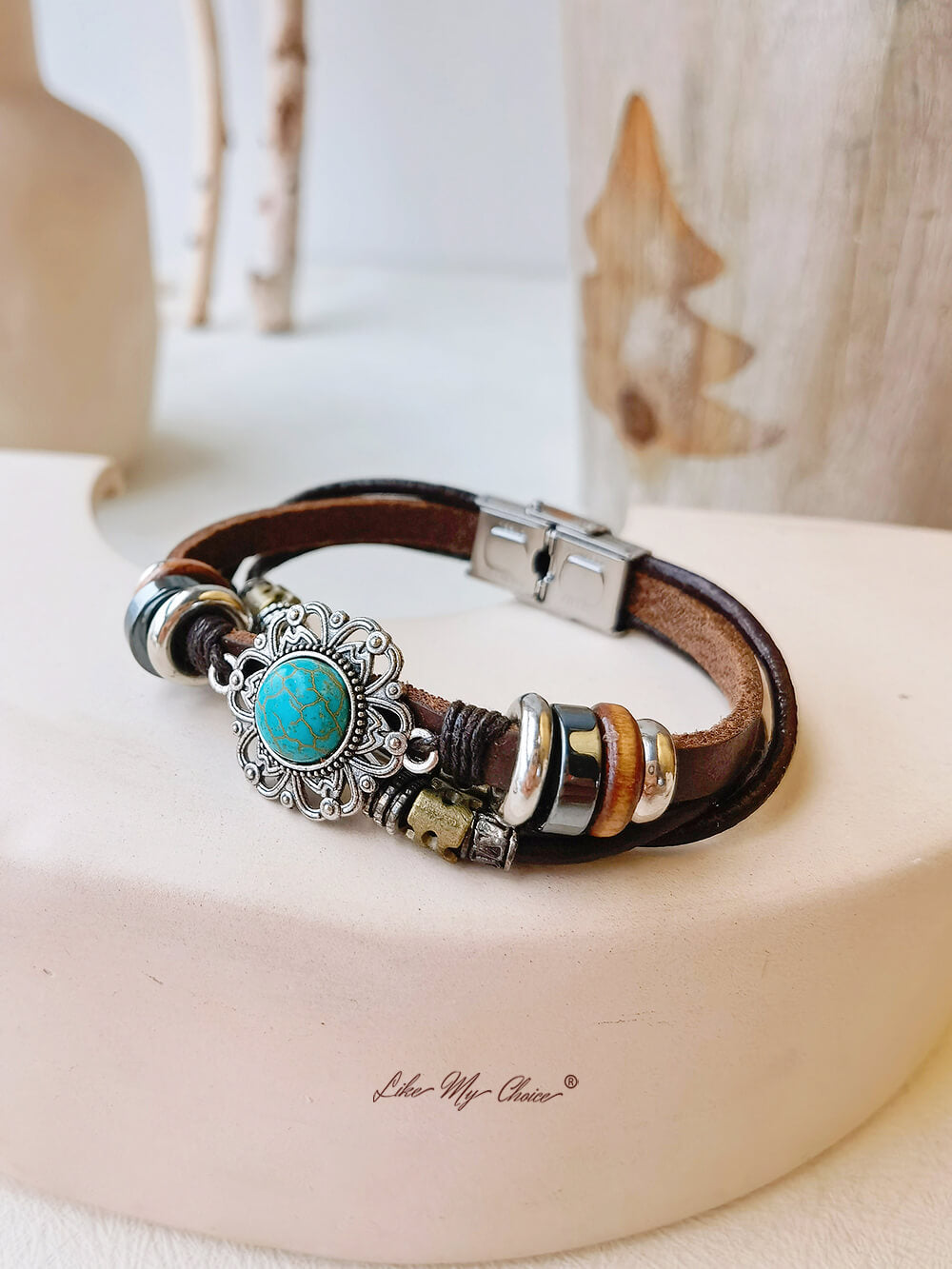 Bohemian Ethnic Turquoise Bracelet Leather Chain and Totem Element