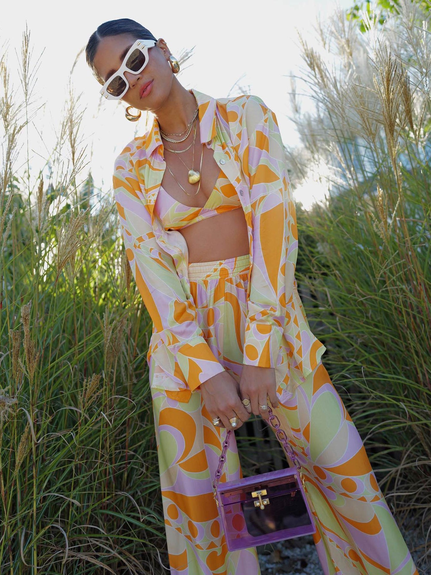 Tropical Beach Graphic Print Wide-Leg Pants