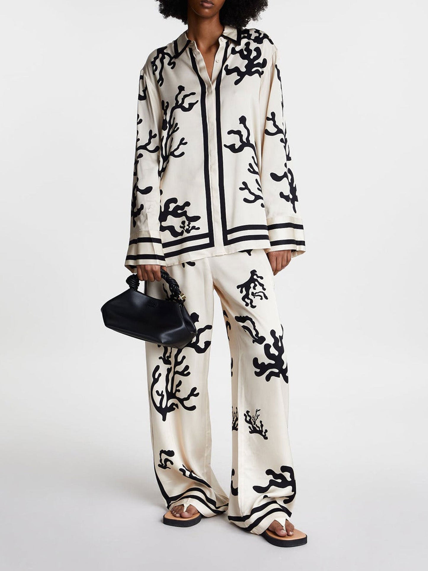 Black Coral Print Wide-Leg Pants