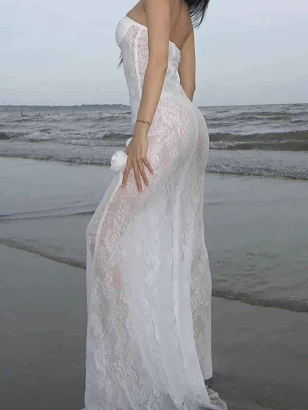 3D Flower Decor Lace Fishtail Hem See Through Strapless Maxi Dress