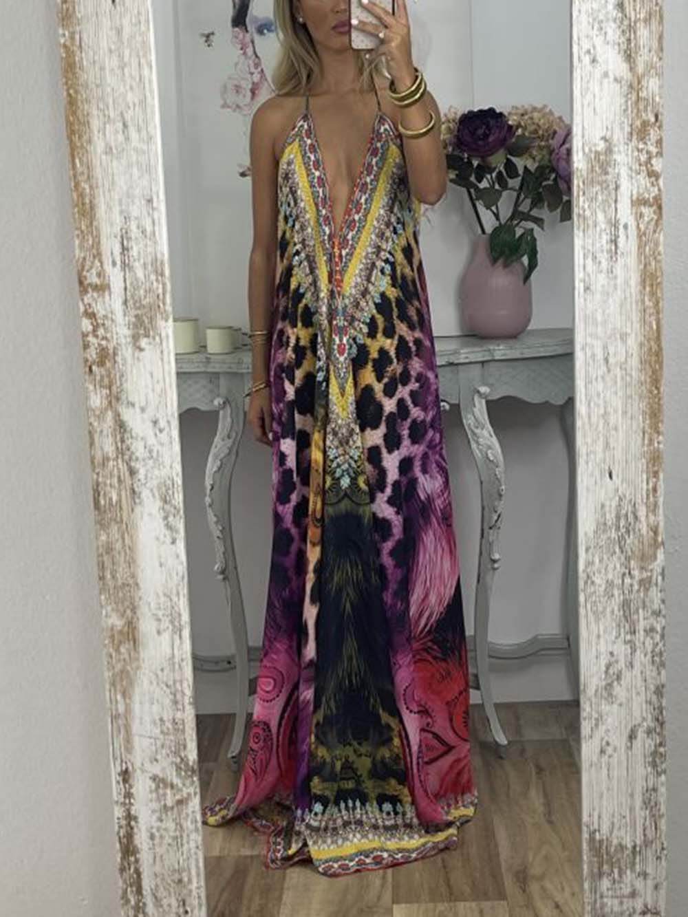 Unique Ethnic Print Backless Maxi Dress