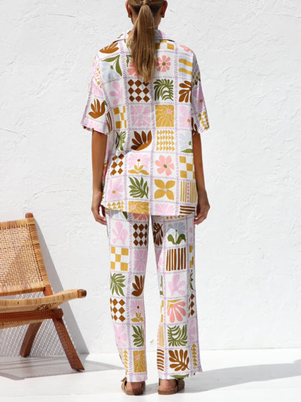 Casual Multicolor Printed Holiday Ethnic Style Top Wide Leg Pants Suit