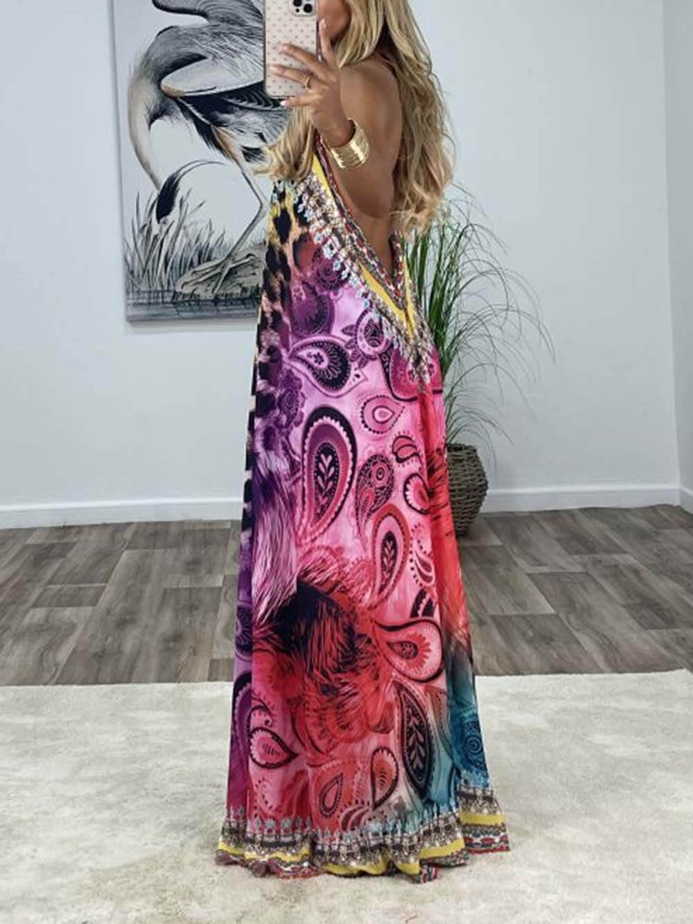 Unique Ethnic Print Backless Maxi Dress