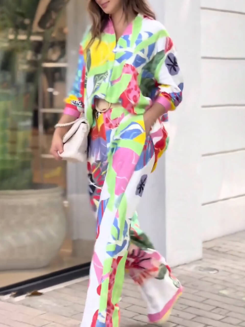 Loose Ethnic Printed Shirt High Waist Wide Leg Pants Suit