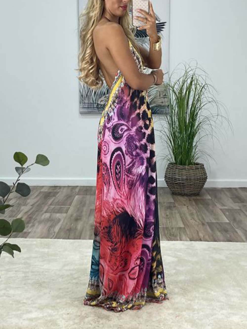 Unique Ethnic Print Backless Maxi Dress