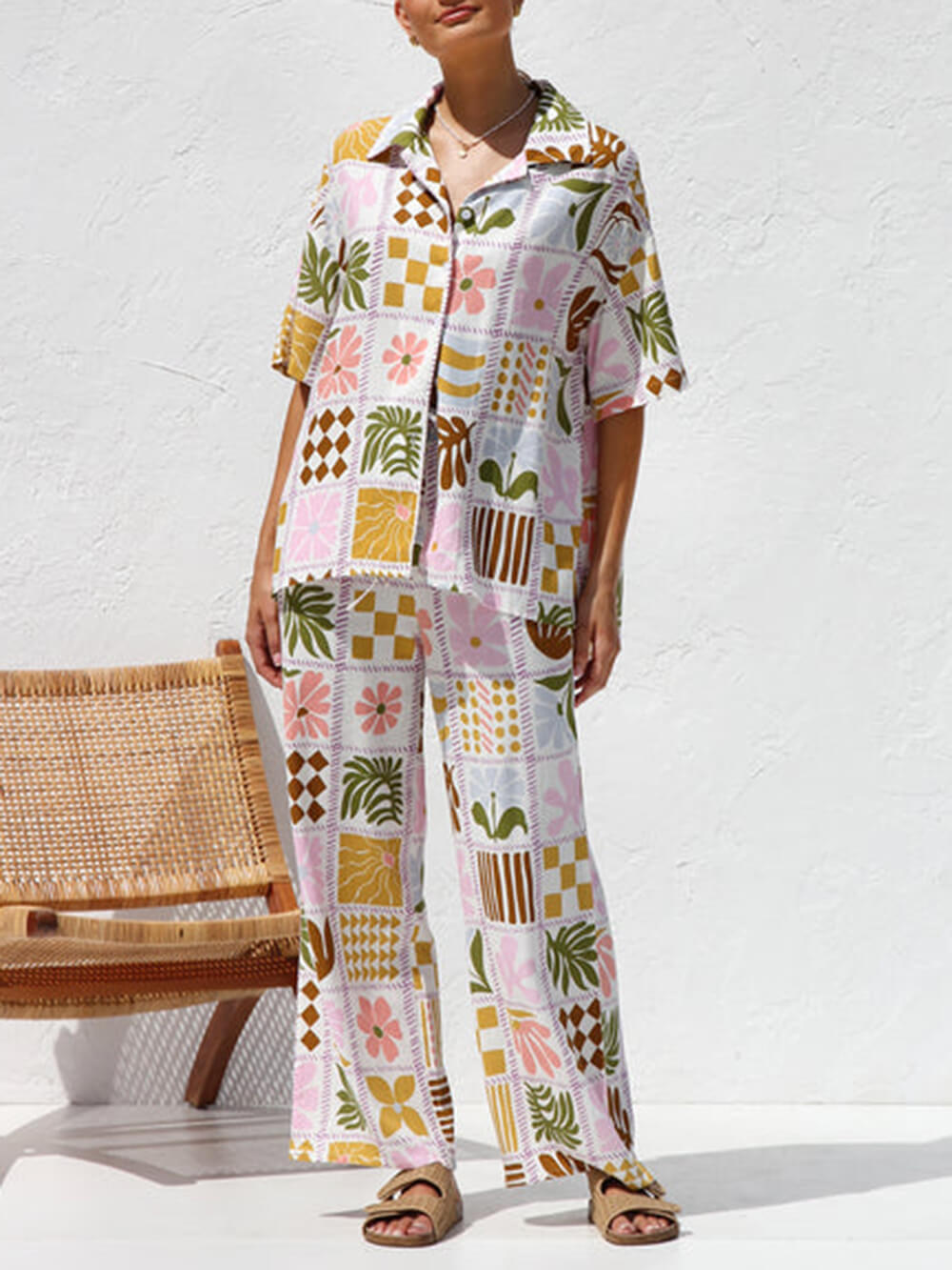 Casual Multicolor Printed Holiday Ethnic Style Top Wide Leg Pants Suit