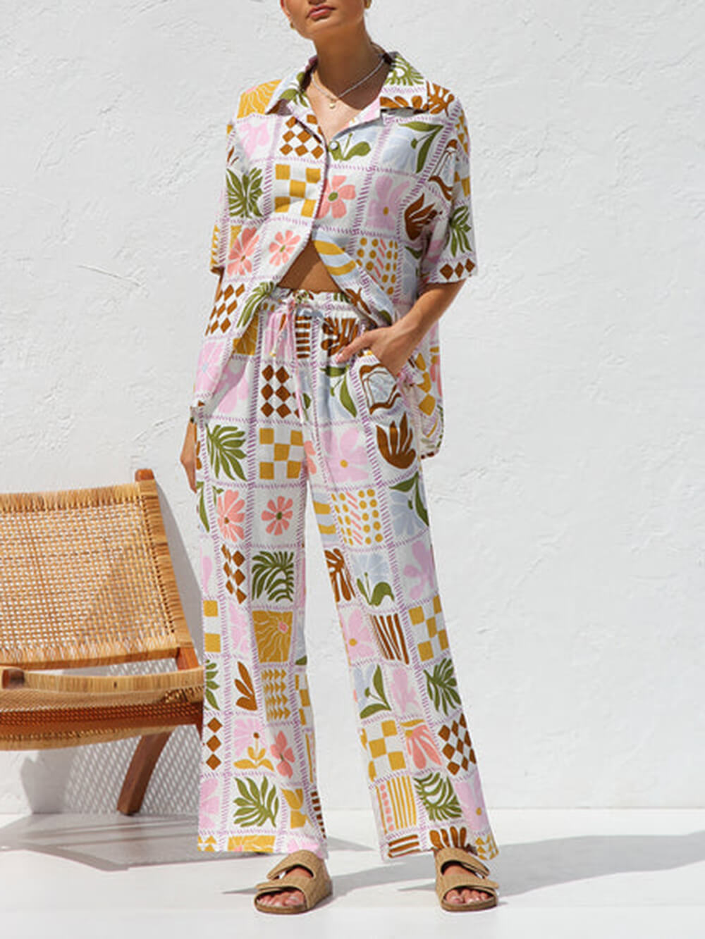 Casual Multicolor Printed Holiday Ethnic Style Top Wide Leg Pants Suit
