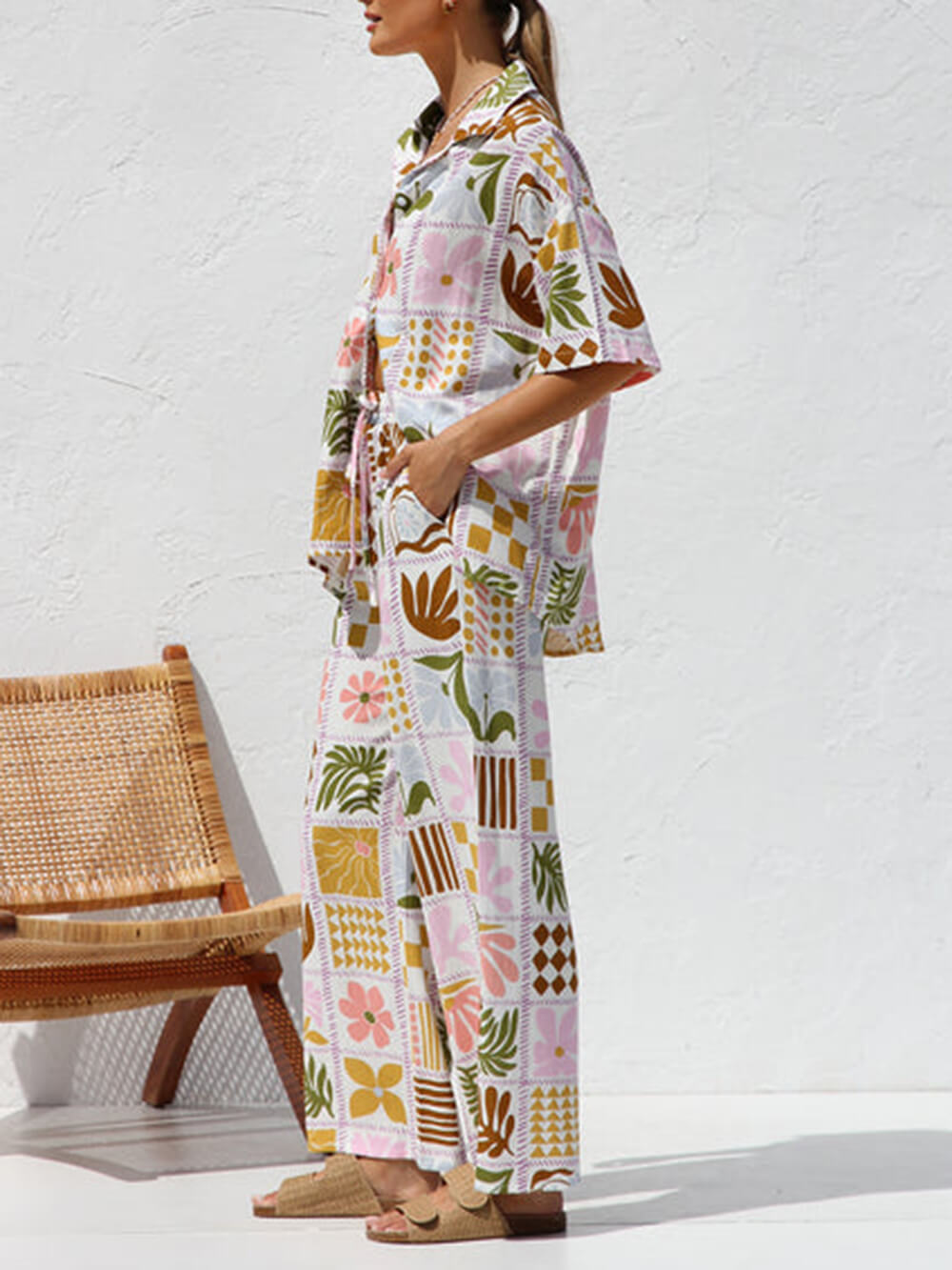 Casual Multicolor Printed Holiday Ethnic Style Top Wide Leg Pants Suit