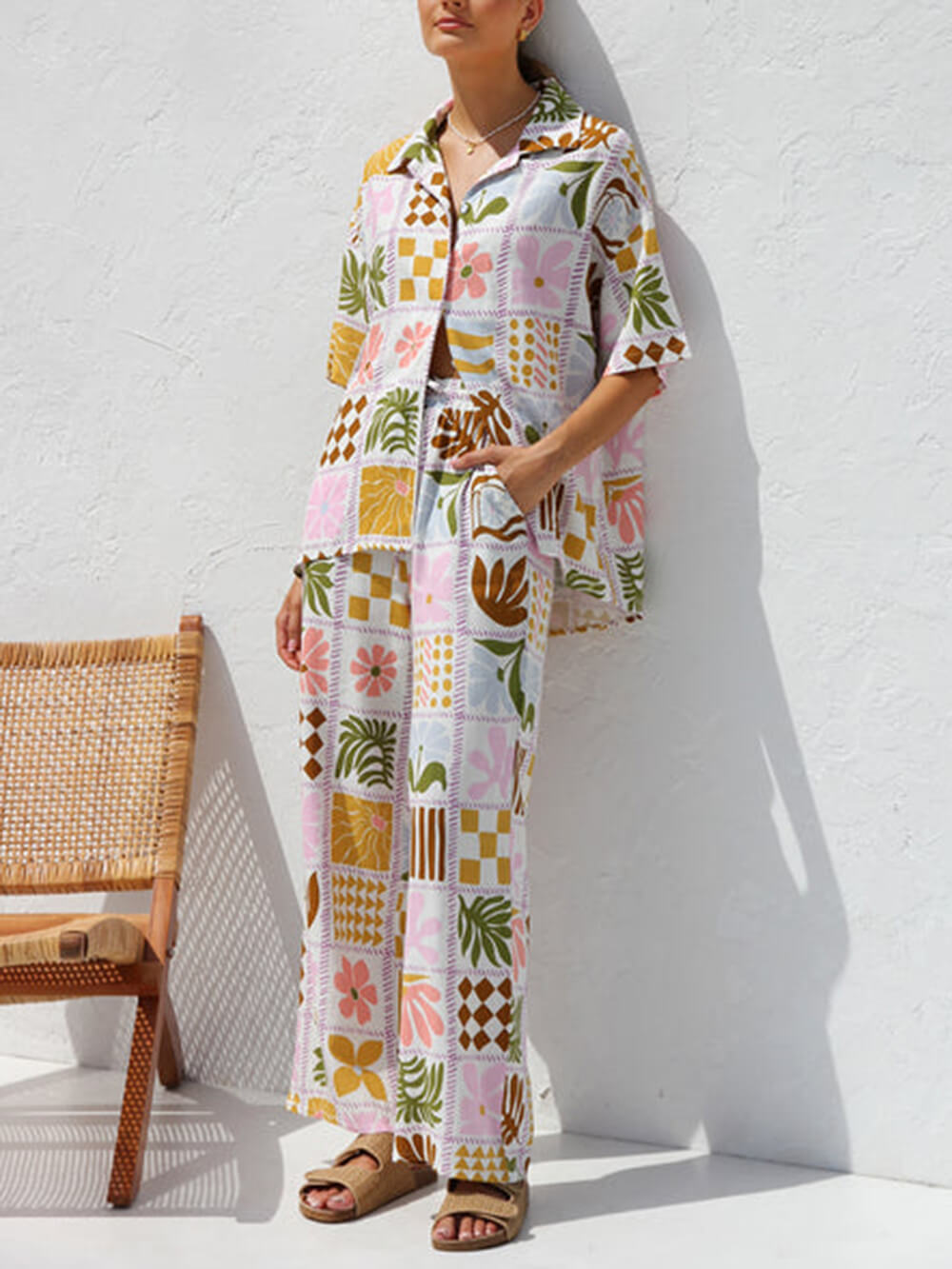 Casual Multicolor Printed Holiday Ethnic Style Top Wide Leg Pants Suit