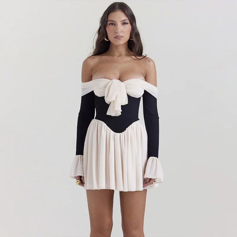RUFFLES LONG SLEEVE OFF SHOULDER MINI DRESS