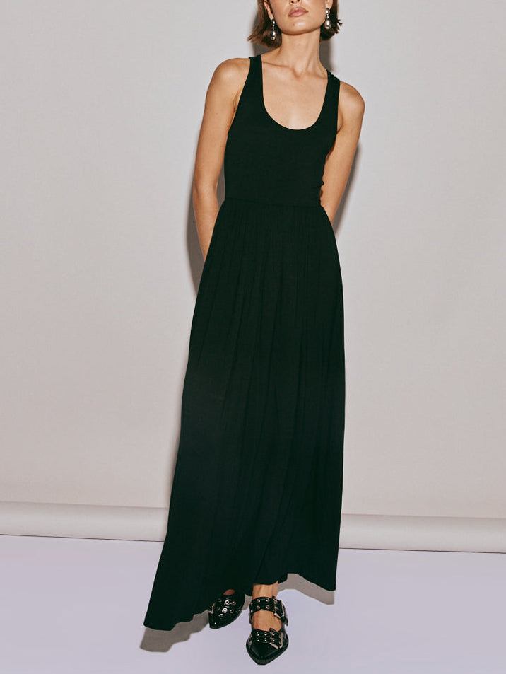 Unique Contrasting Color Cross Back A-Line Midi Dress