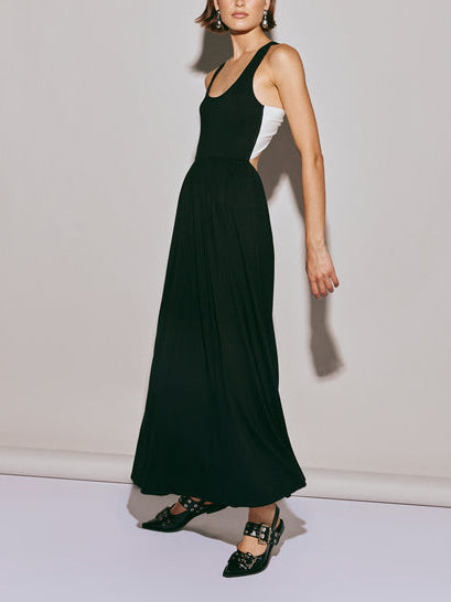 Unique Contrasting Color Cross Back A-Line Midi Dress