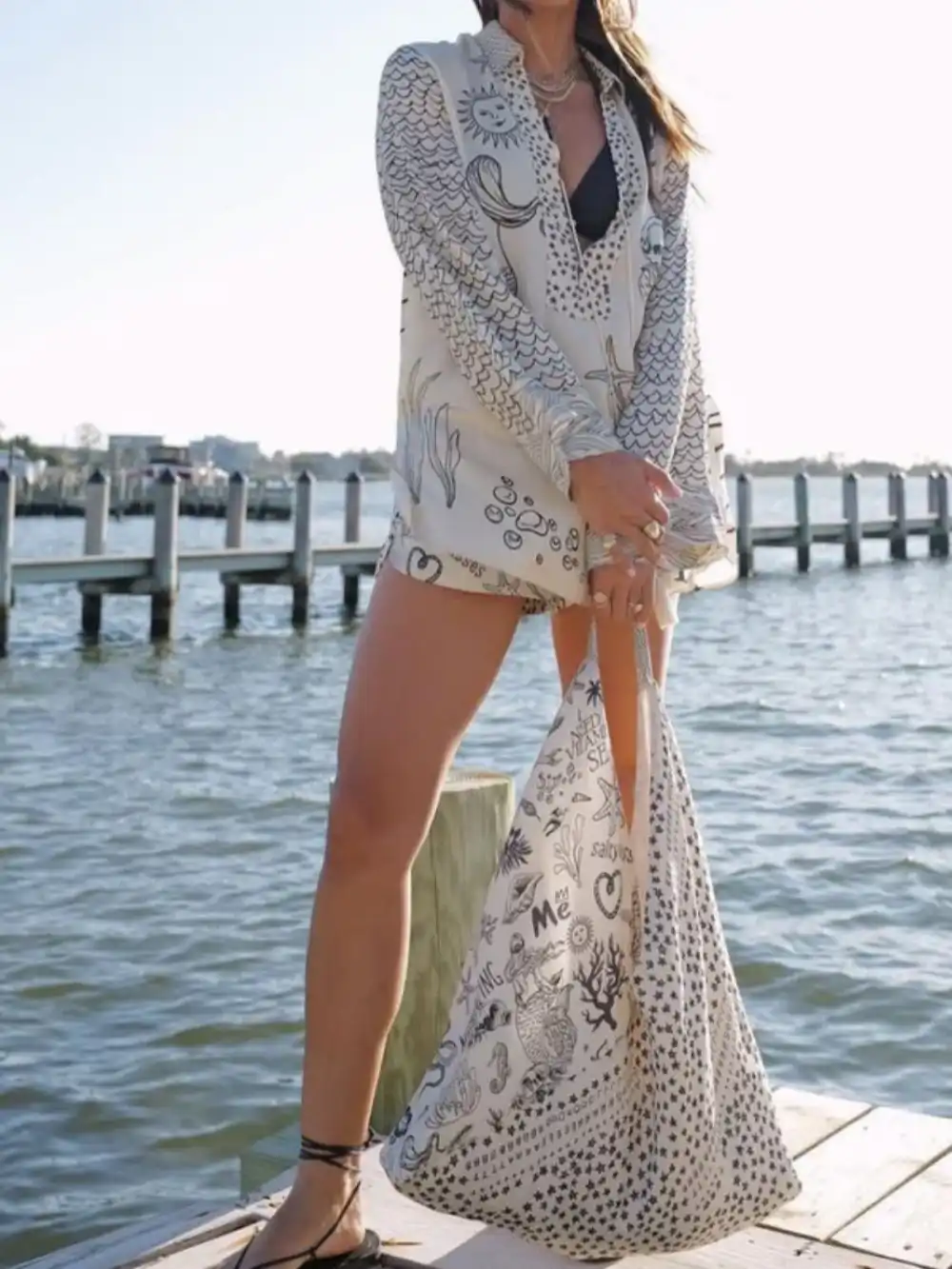 Live By Water Satin Unique Print Tassle Shirt and Elastic Waist Shorts Set