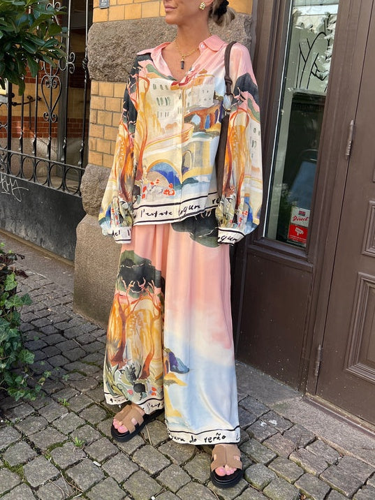 Landscape Print Loose Shirt-Pink