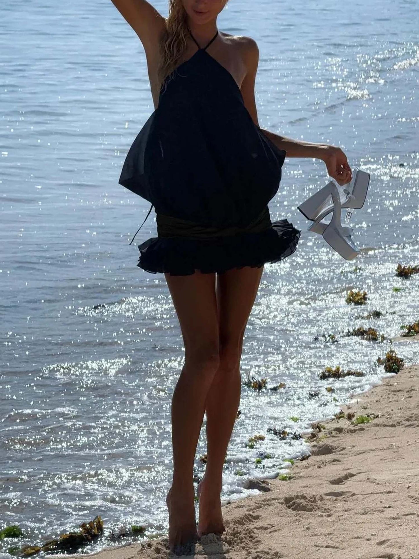 Black Halter Bubble Mini Dress with Ruffled Hem