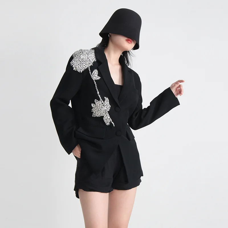 BLACK BLAZER with RHINESTONE FLOWER