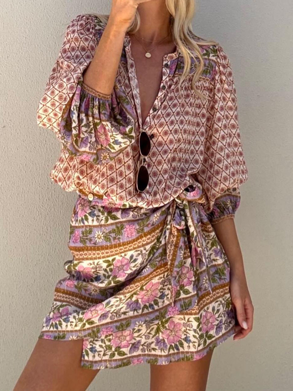 Unique Bohemian Printed Loose Shirt And Tie Skirt Set