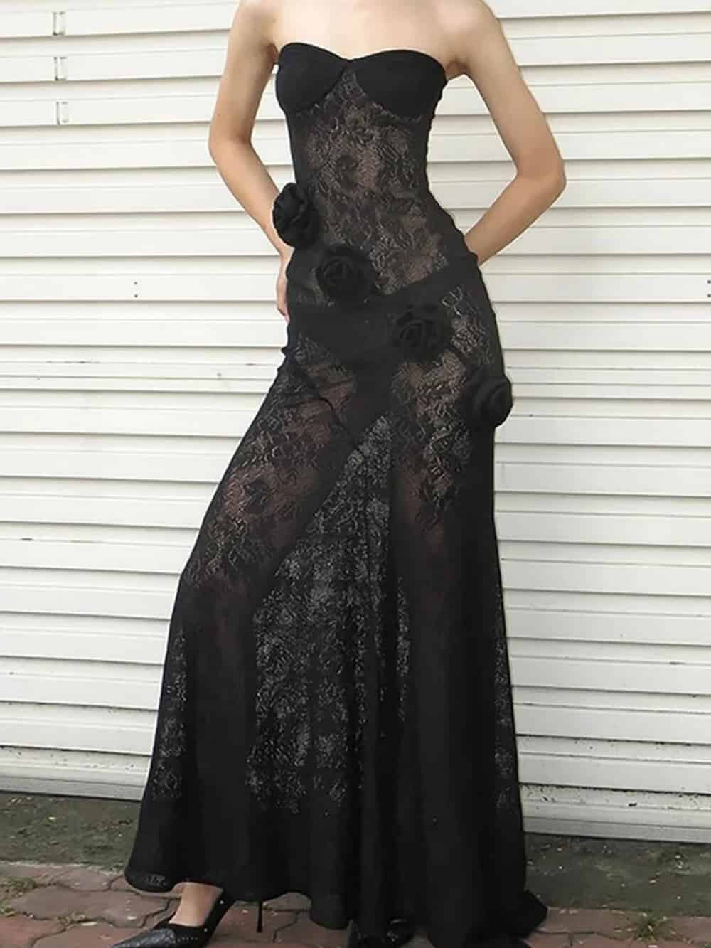 3D Flower Decor Lace Fishtail Hem See Through Strapless Maxi Dress