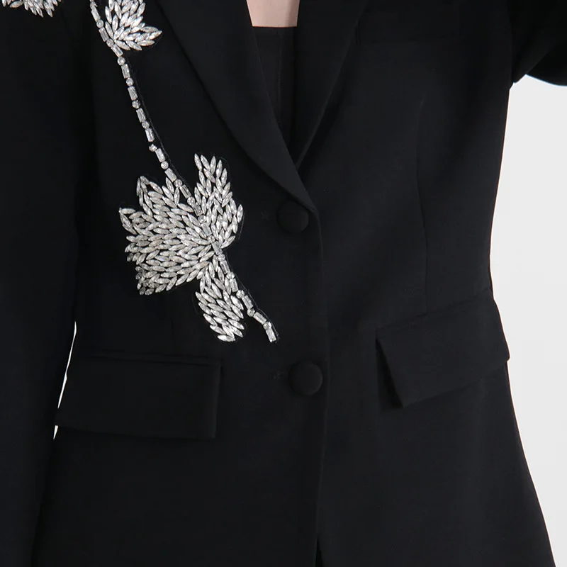 BLACK BLAZER with RHINESTONE FLOWER