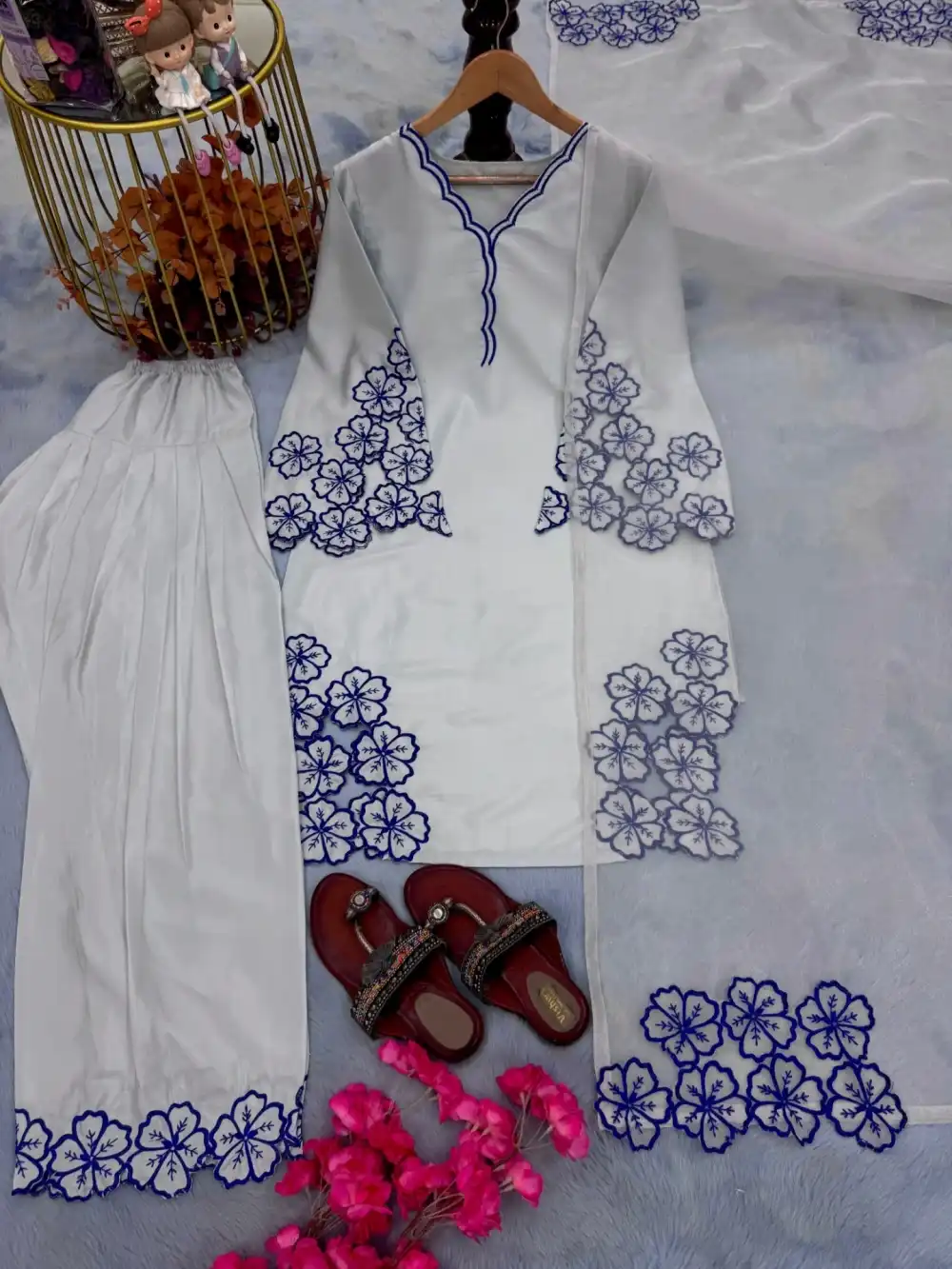 Summer Light Blue Tulle Lace Set And Scarf