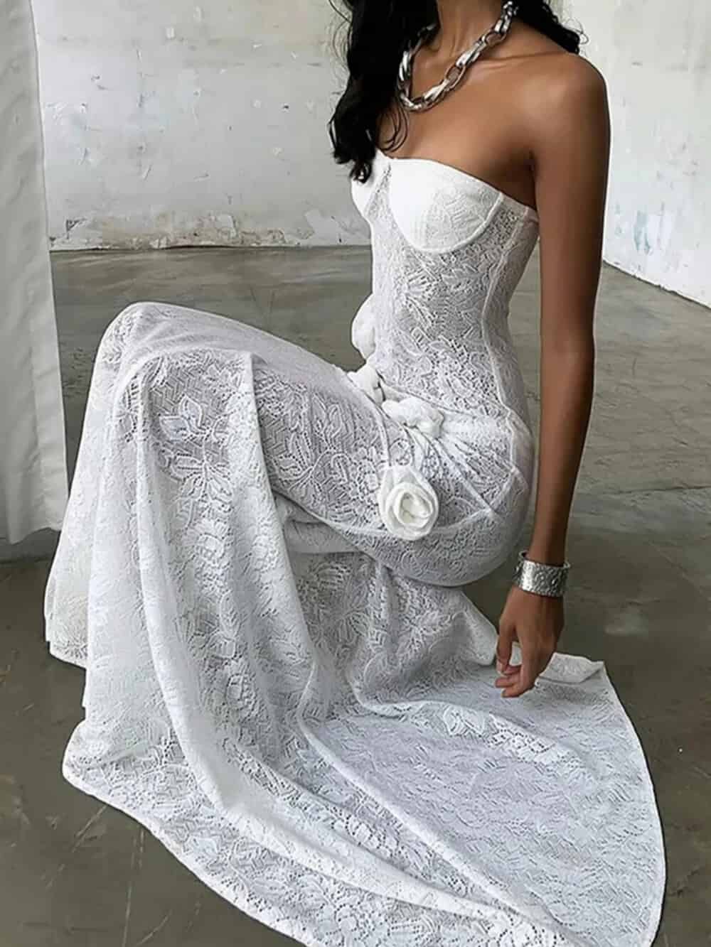 3D Flower Decor Lace Fishtail Hem See Through Strapless Maxi Dress