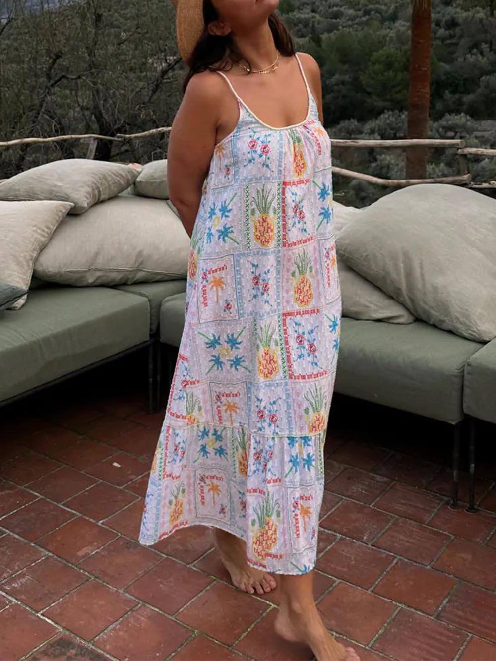 Modern Print White Island Cross StitchVacation Maxi Dress
