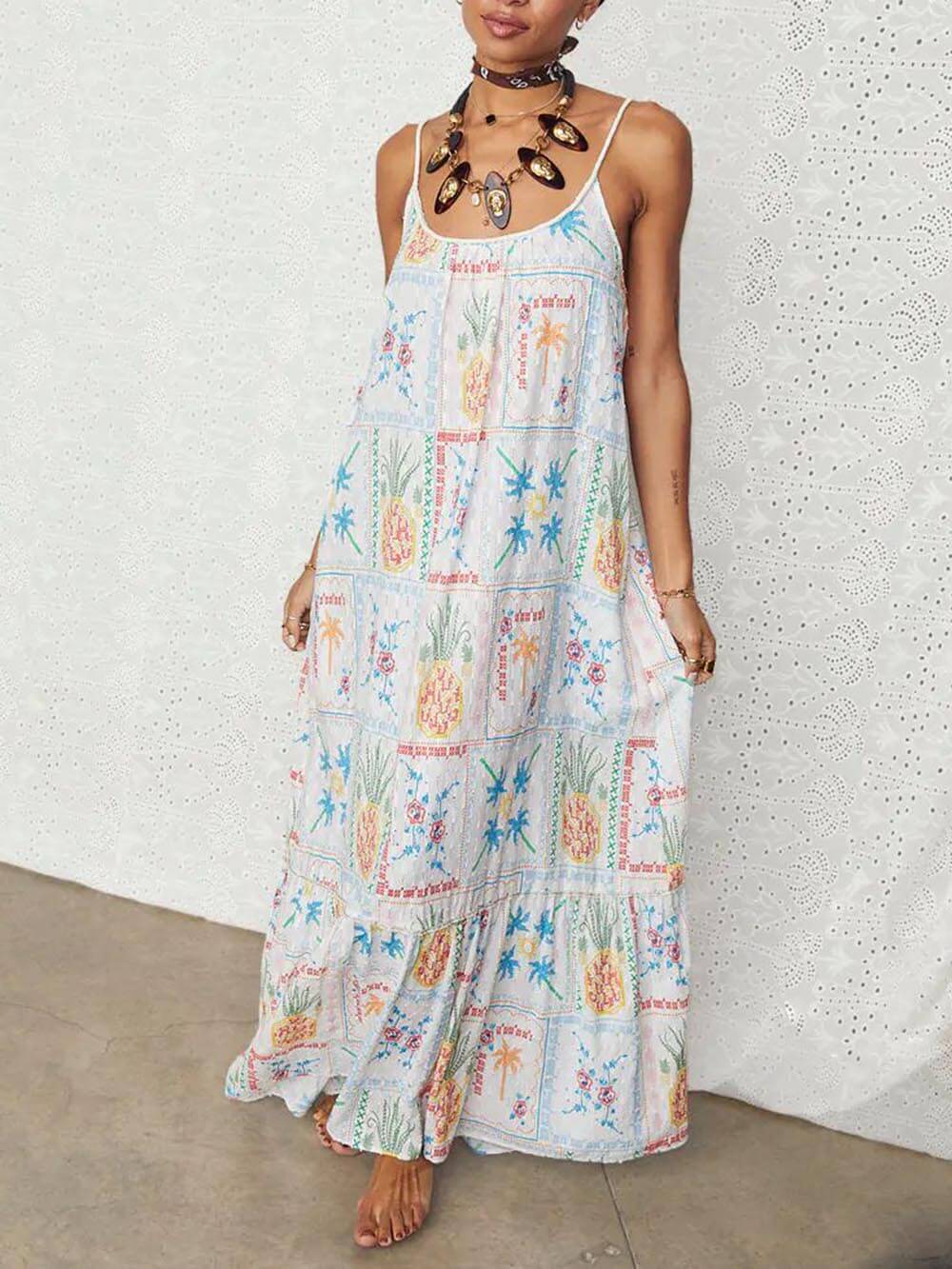 Modern Print White Island Cross StitchVacation Maxi Dress
