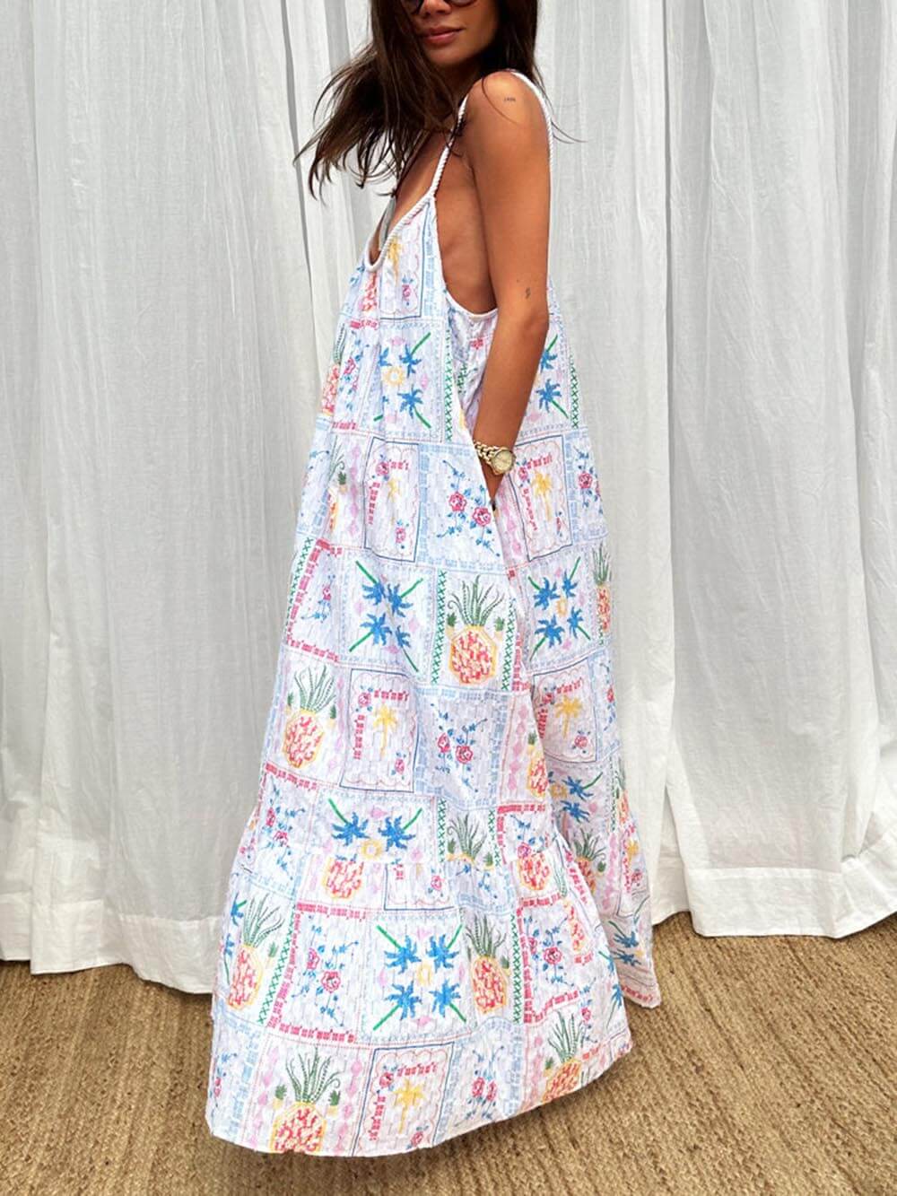 Modern Print White Island Cross StitchVacation Maxi Dress