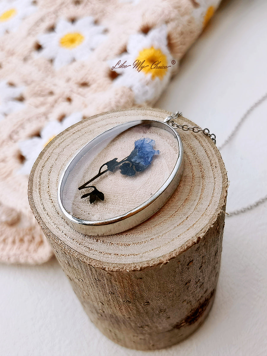 Pressed Flower Necklace - Forget Me Not Flower Oval