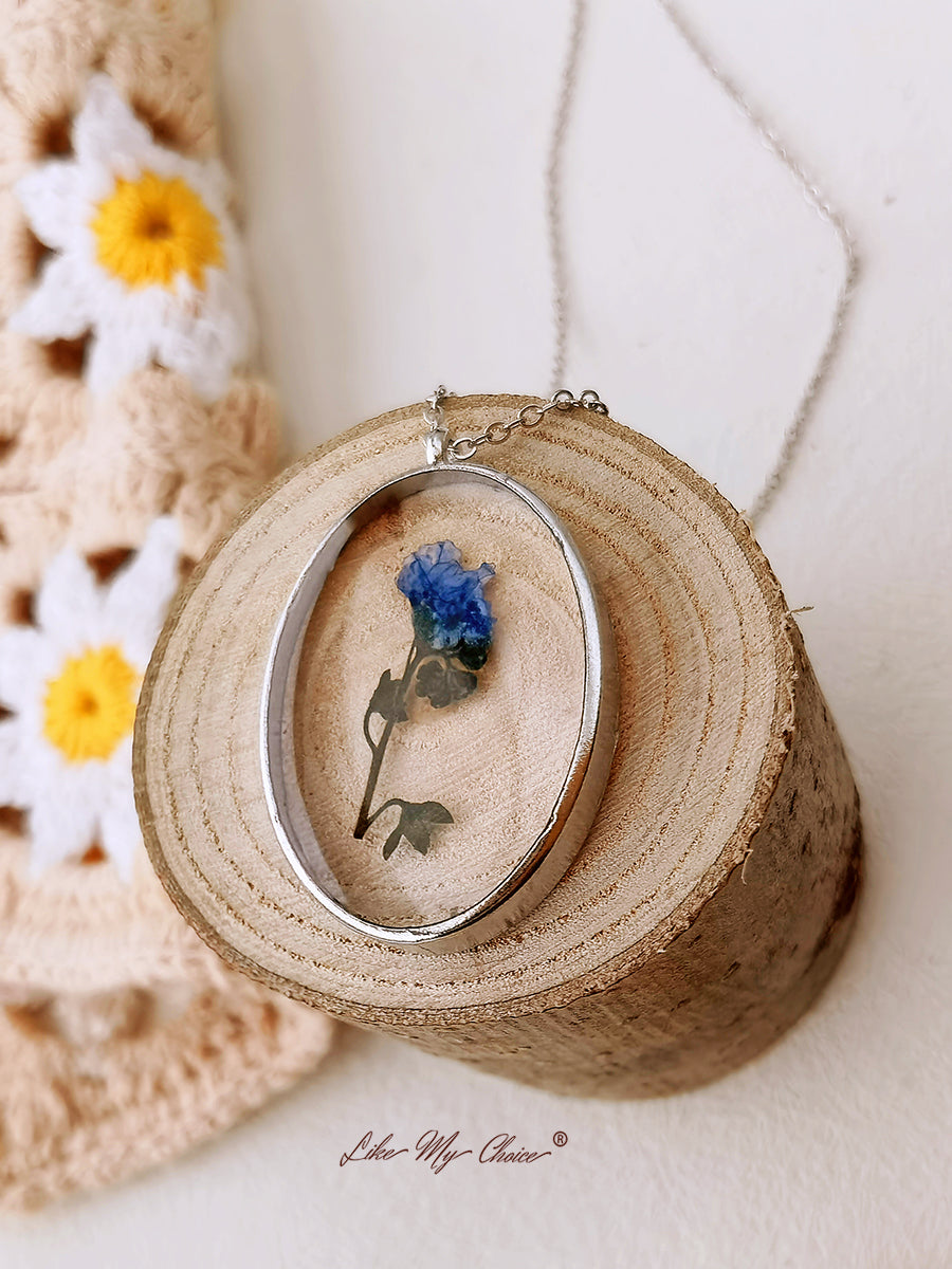 Pressed Flower Necklace - Forget Me Not Flower Oval