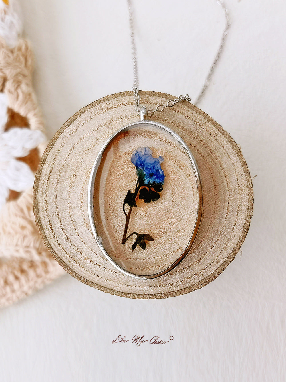 Pressed Flower Necklace - Forget Me Not Flower Oval