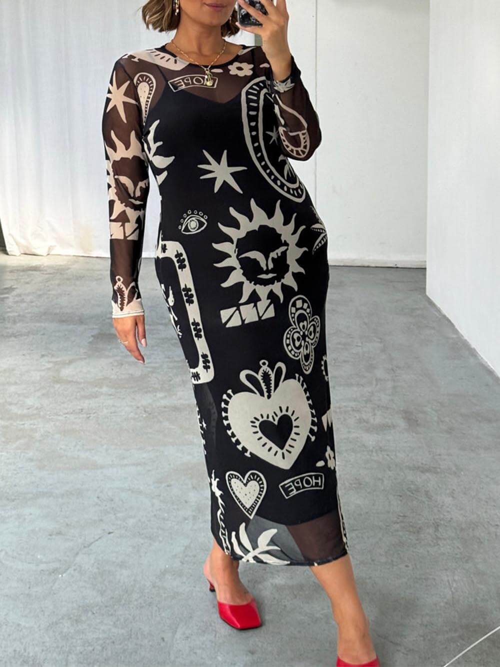 Retro Midnight Romance Mesh Print Dress