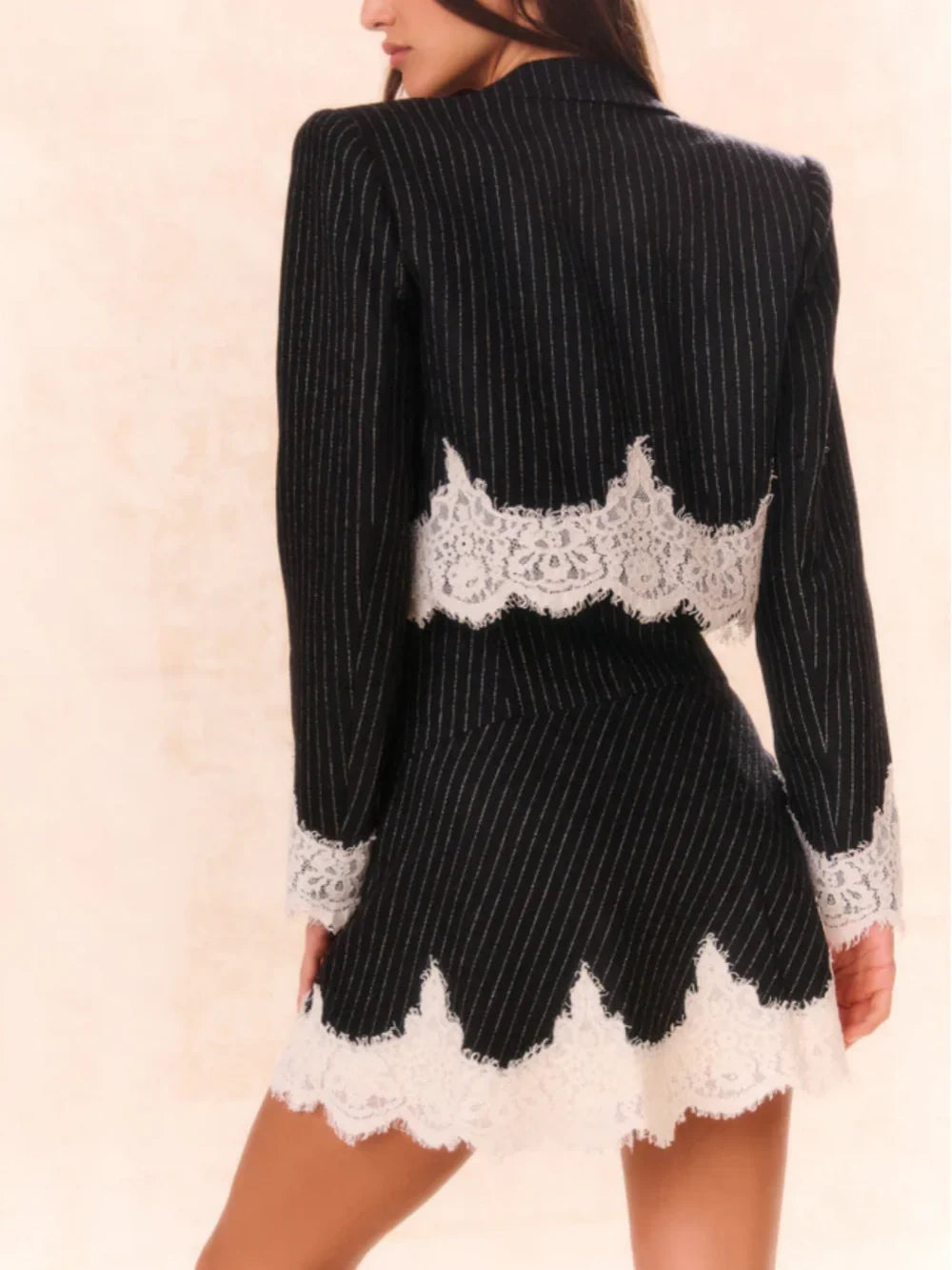 Classic Striped Lace Trim Lapel Crop Loose Blazer