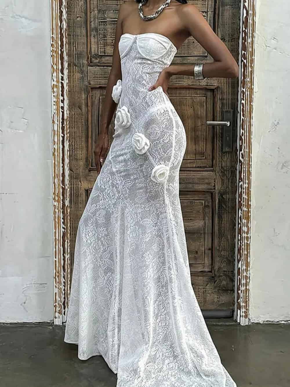 3D Flower Decor Lace Fishtail Hem See Through Strapless Maxi Dress