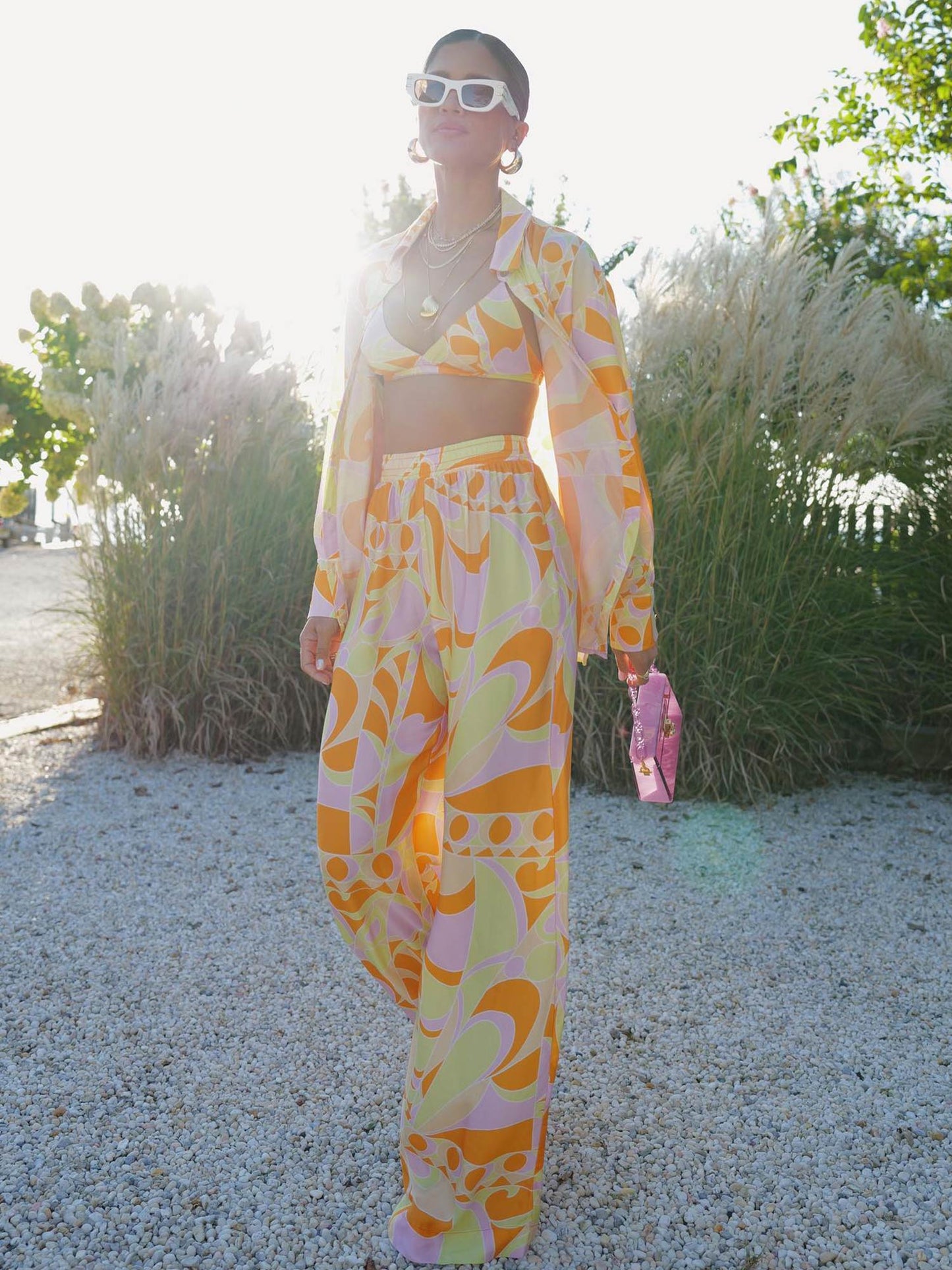 Tropical Beach Graphic Print Wide-Leg Pants