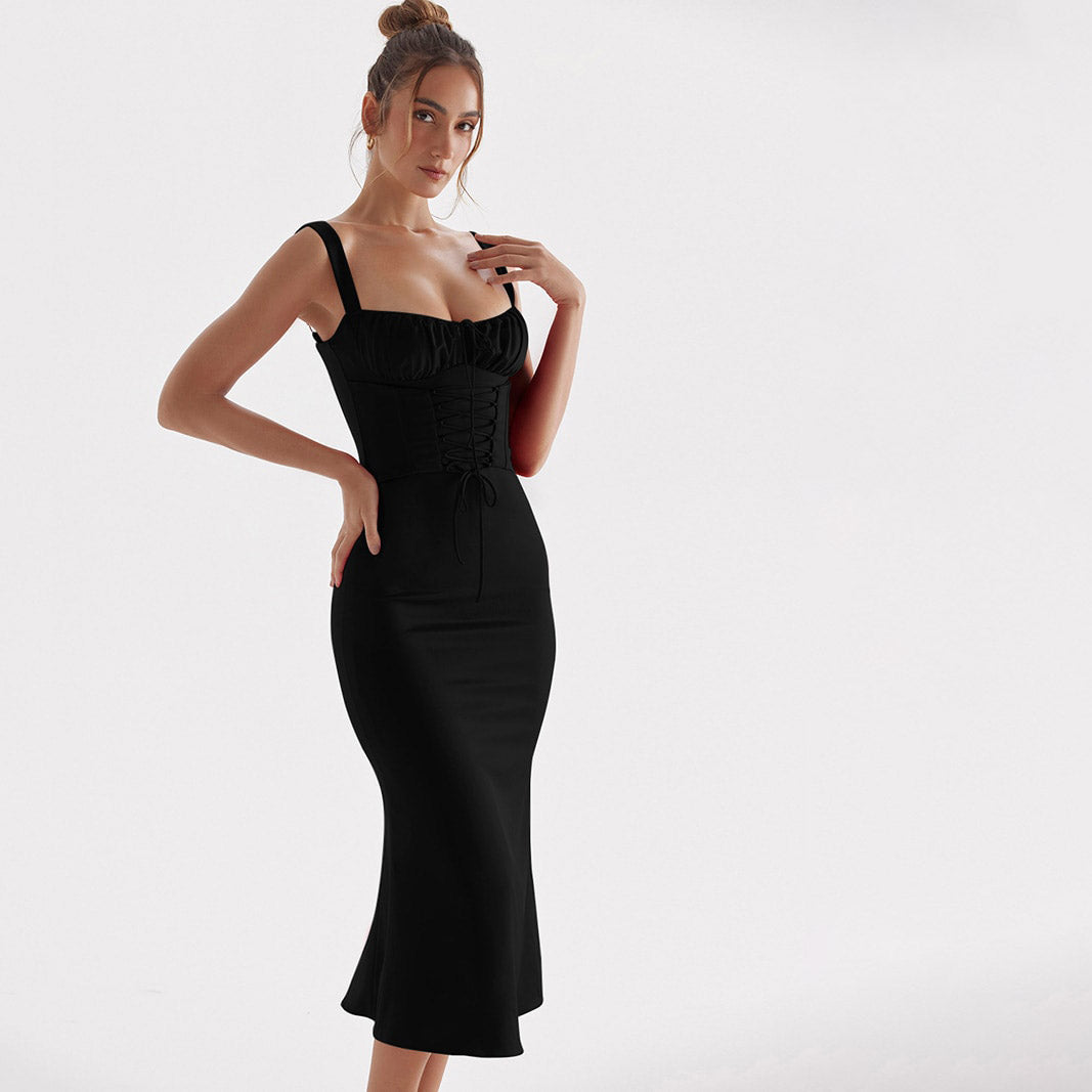 DYNA CORSET STRAPS LACE UP MIDI DRESS