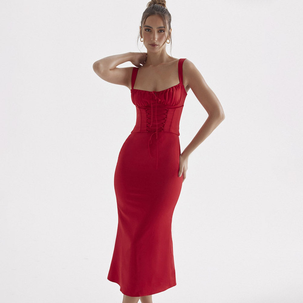 DYNA CORSET STRAPS LACE UP MIDI DRESS
