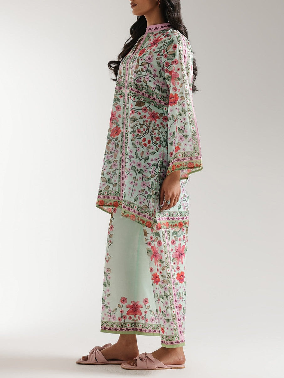 Symmetrical Floral Print Ban Neck Set