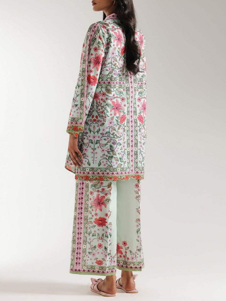 Symmetrical Floral Print Ban Neck Set
