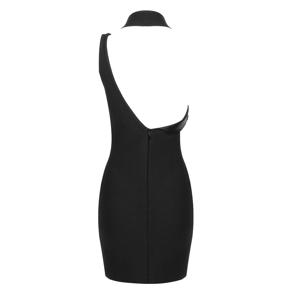 AYNO JACKET COLLAR HOLLOW OUT BLACK MINI DRESS