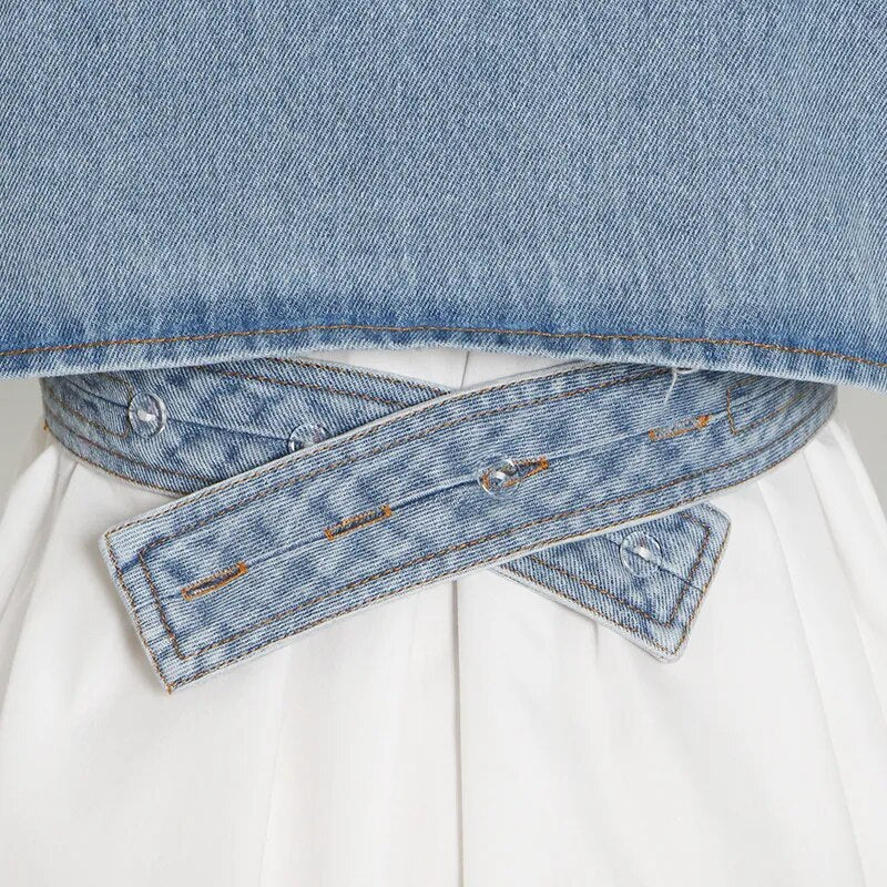 LAYVA WHITE SHIRT with PUFF SLEEVES and CROSS DENIM VEST 2 PIECE SET
