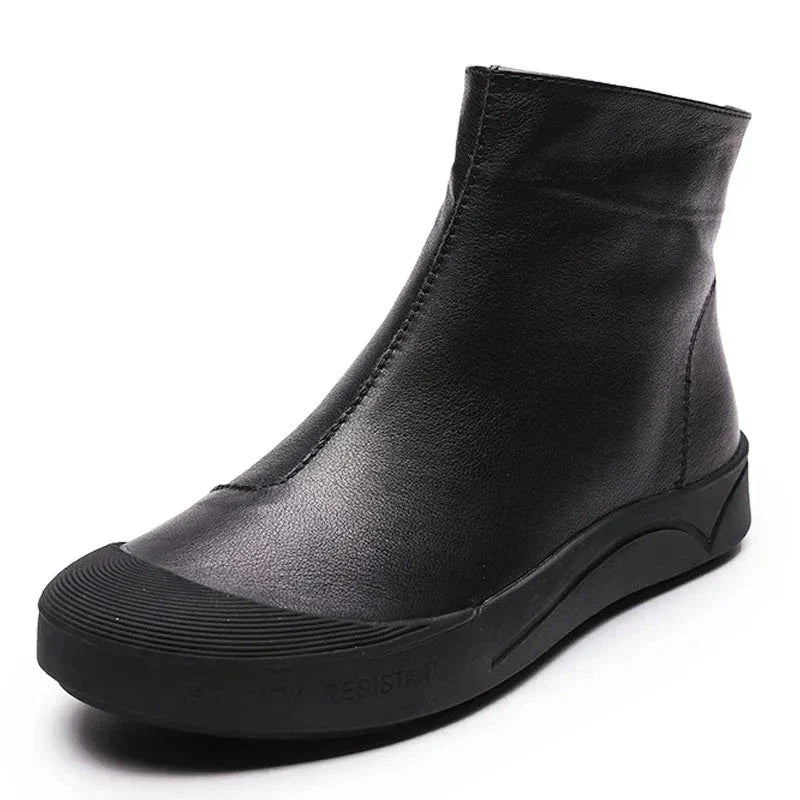 Flat Leather Ankle Black Boots for Women