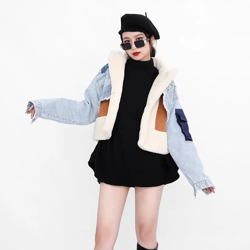Chic Women's Wool Slim Patchwork Denim Jacket